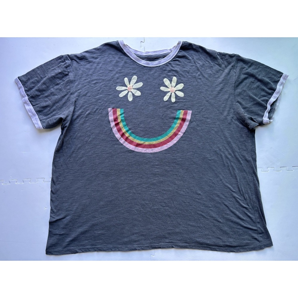 NATURAL LIFE Womens Tshirt Ringer Happy Face Floral Rainbow Retro Granola -Sz XL